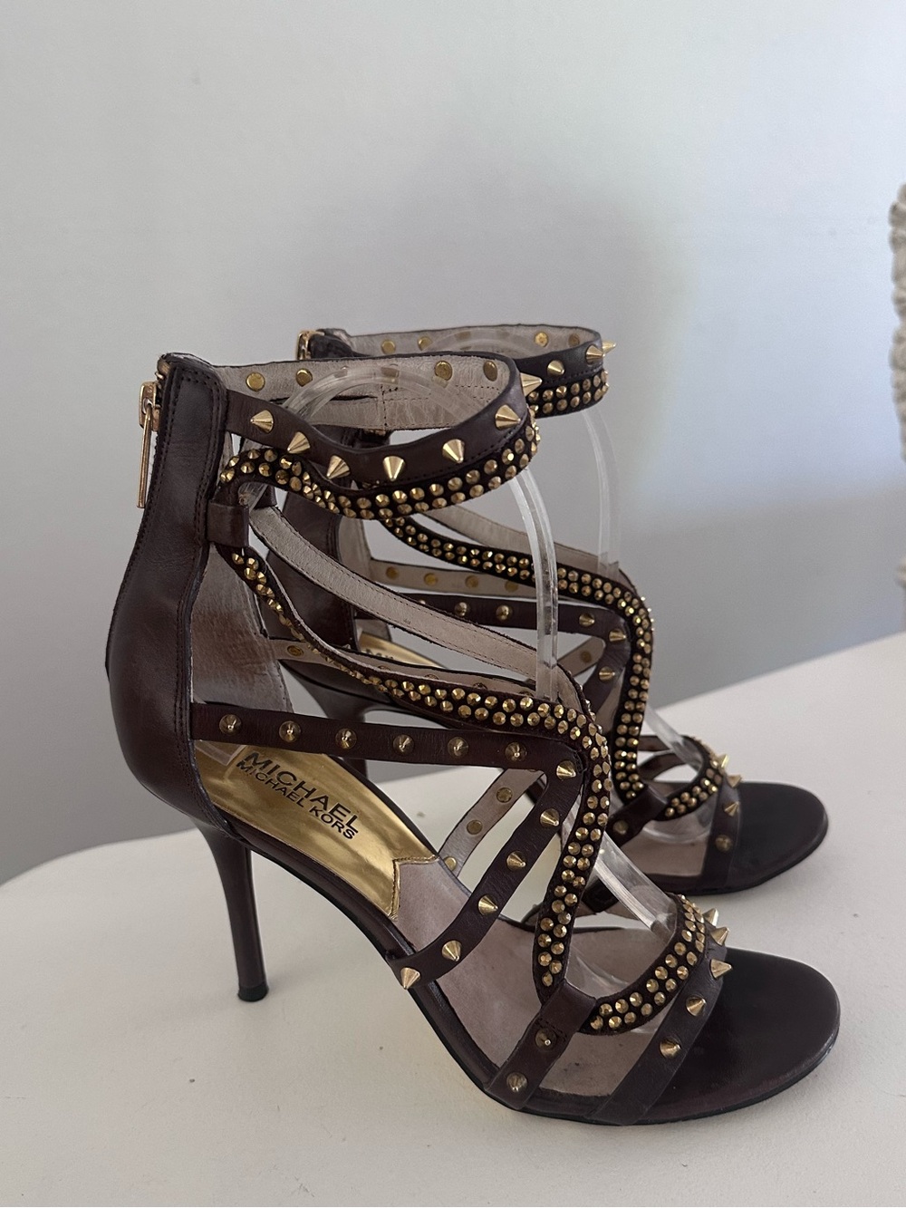 MICHAEL KORS Larissa Studded Strappy Cage Heel Sandals Brown Gold Size 8
